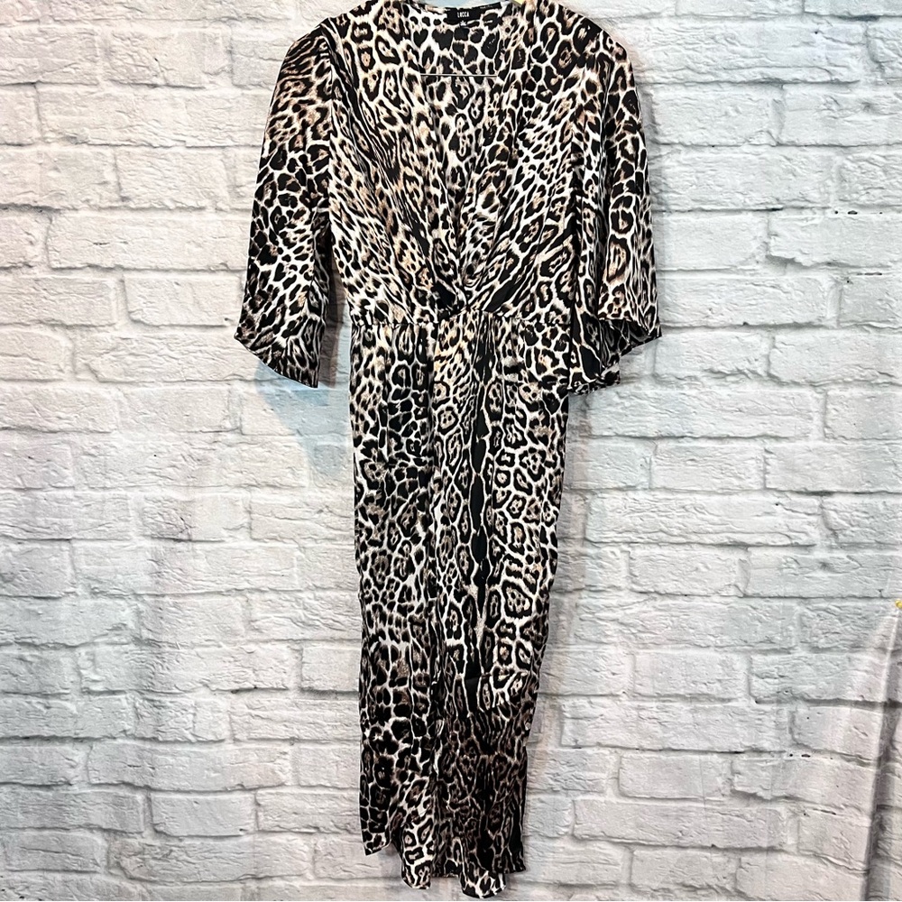 Lucca Couture Cheetah V Neck Bell Sleeve Draped Midi Dress - Small - Picture 3 of 14